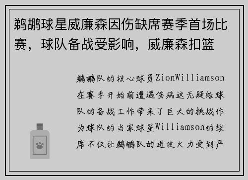 鹈鹕球星威廉森因伤缺席赛季首场比赛，球队备战受影响，威廉森扣篮